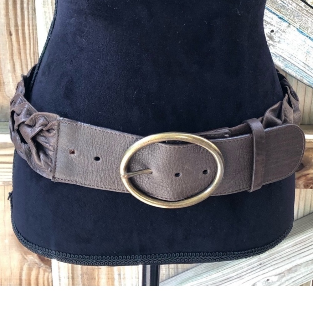 Wide Brown Braided BELT,  ROUND copper Buckle BoHo Chic Haute Hippie 31-35”, LC